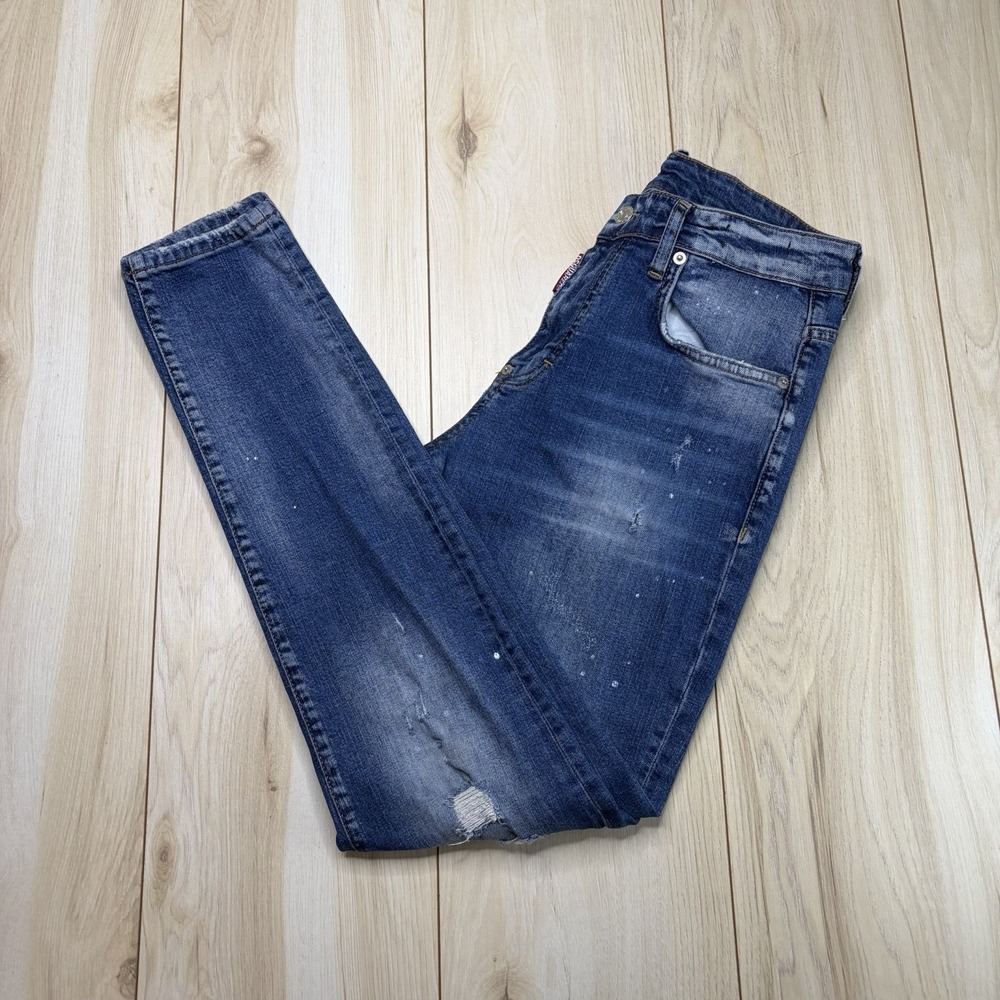 Dsquared2 Mens Blue Wash Distressed Jeans size 46 Stretch Denim Paint Splatter